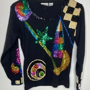 Vintage OS International Sequin Sweater Star Moon Sailboat Check Print Large